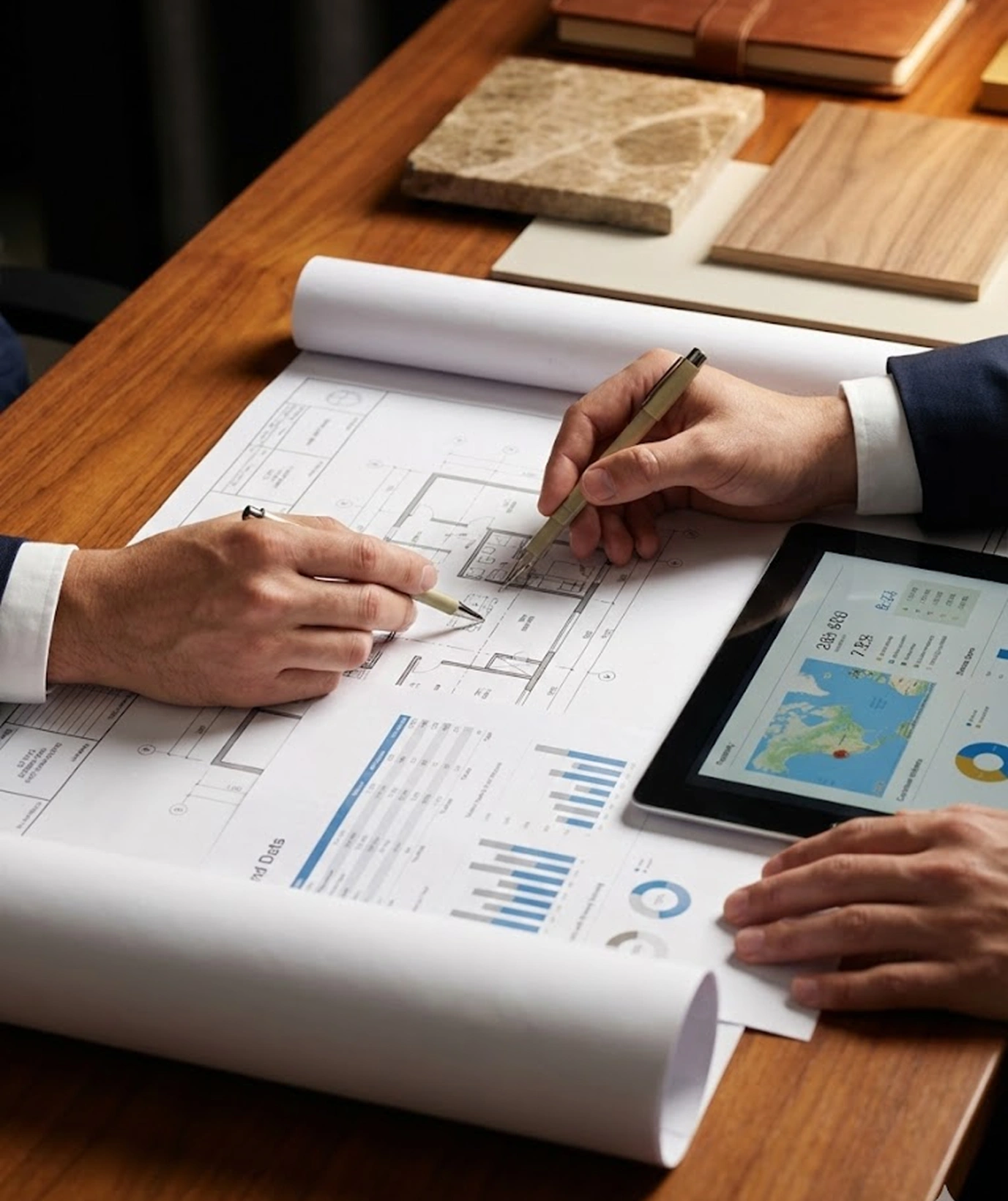 Zwei Personen bei einer professionellen Beratung über Baupläne und Marktdaten am Schreibtisch von Straub Immobilien zur Vorbereitung eines Verkaufs.