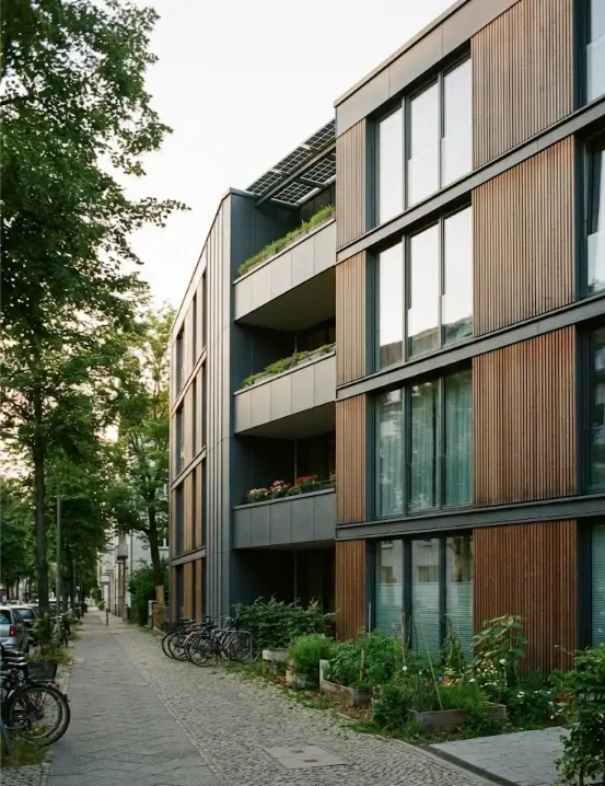 Außenansicht eines modernen Mehrfamilienhauses mit dunkler Fassade, vertikalen Holzelementen und begrünten Balkonen für exklusives Wohnen, präsentiert von Straub Immobilien.