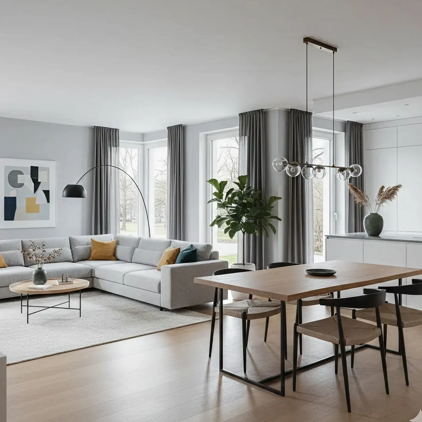 Ein großzügiger, lichtdurchfluteter Wohn- und Essbereich mit hochwertigem Parkett, einer modernen Eckcouch und stilvollem Esstisch, präsentiert von Straub Immobilien für exklusives Wohnen.