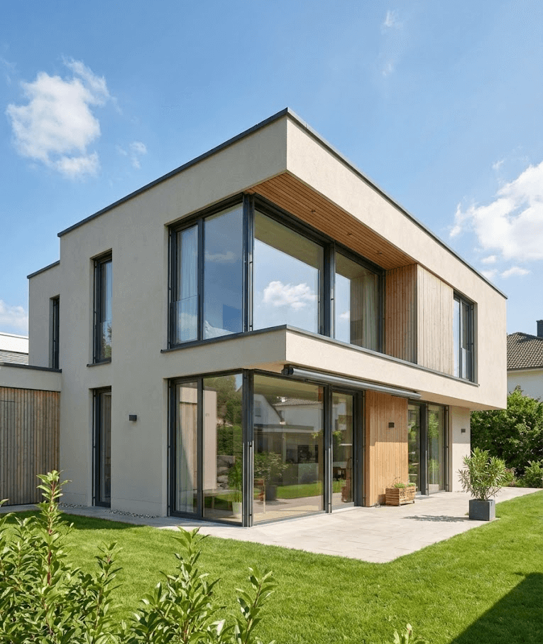 Außenaufnahme eines modernen, kubischen Einfamilienhauses mit Flachdach, großen Glasfronten und Holzfassadenelementen im Garten, zum Kauf bei Straub Immobilien.